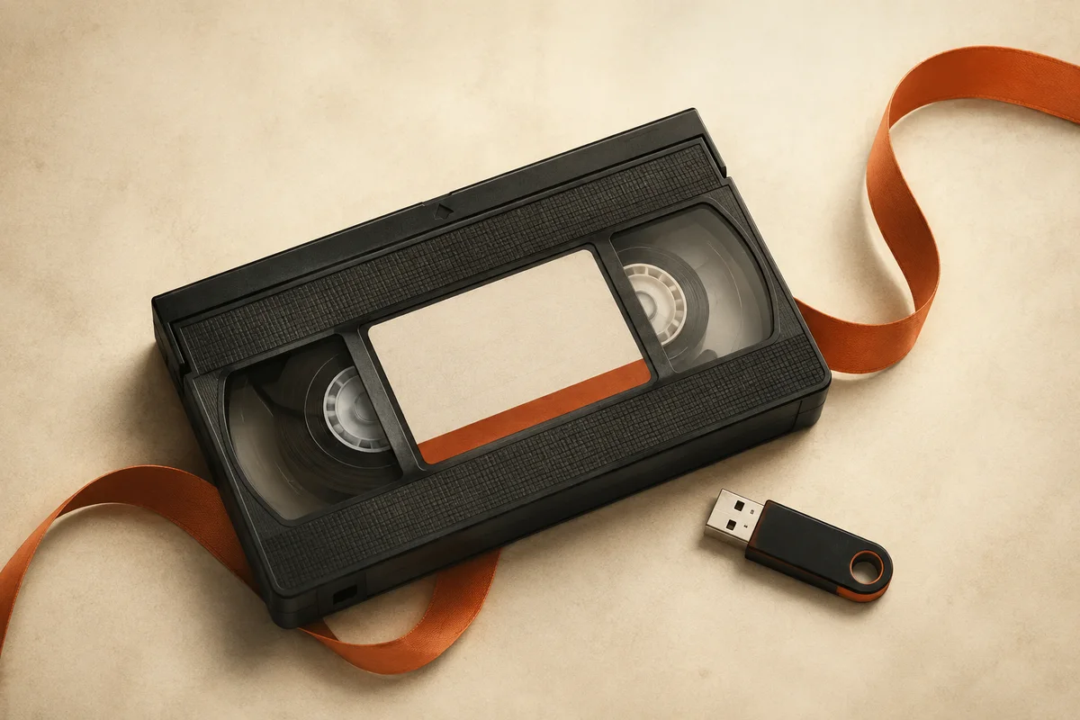 VHS kazetta és pendrive, illusztráció